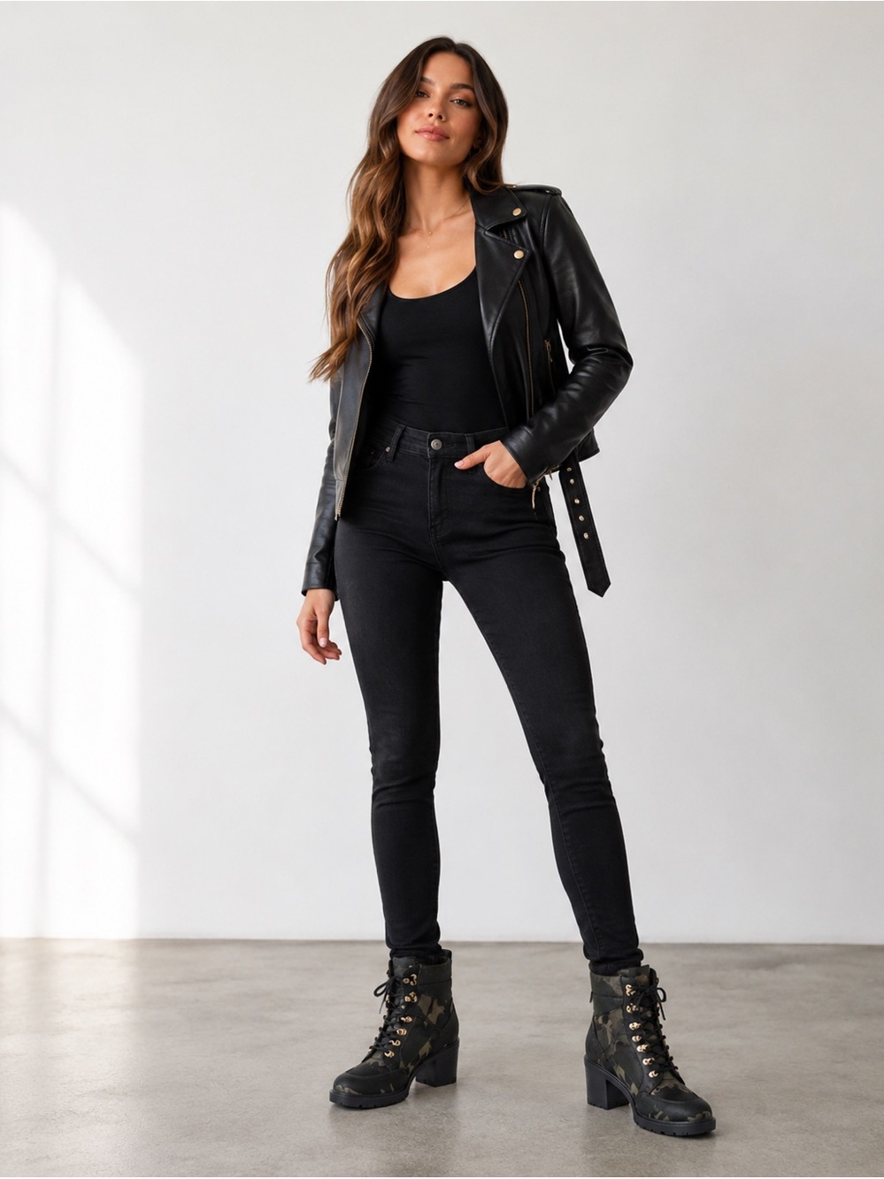 Shoe Dazzle Black Camo Lace-Up Block Heel Combat Boots